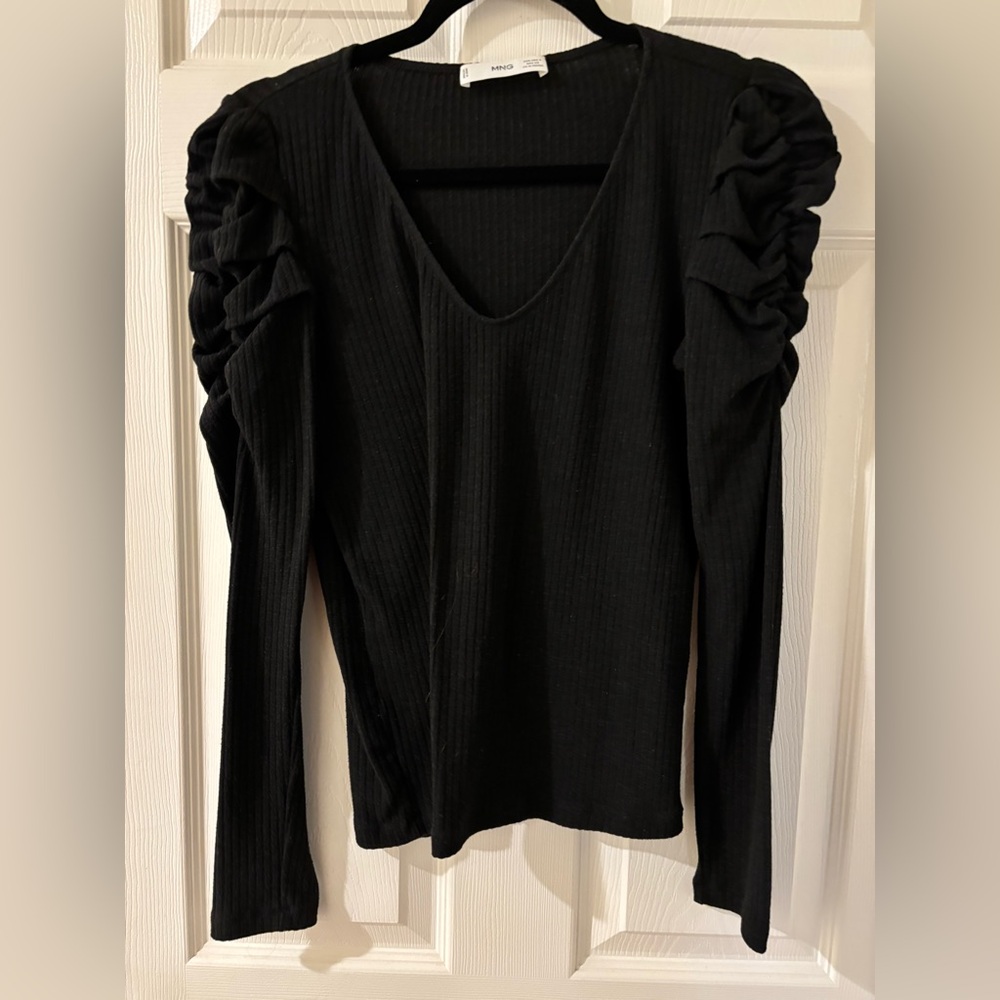 Mango Black V-Neck Sweater with Ruched Sleeves Small